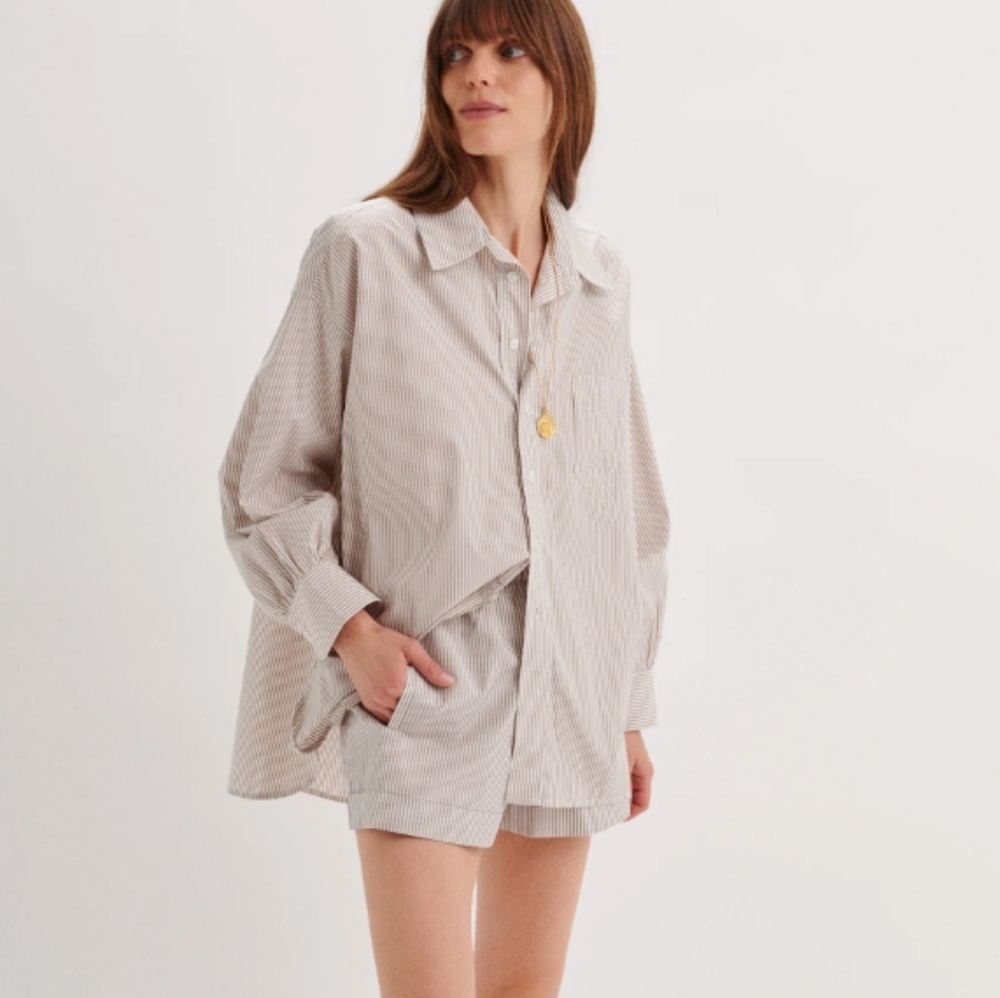Suzie Kondi Kappa Oversized Button Up Shirt In Poplin Cotton Flax Stripe XS